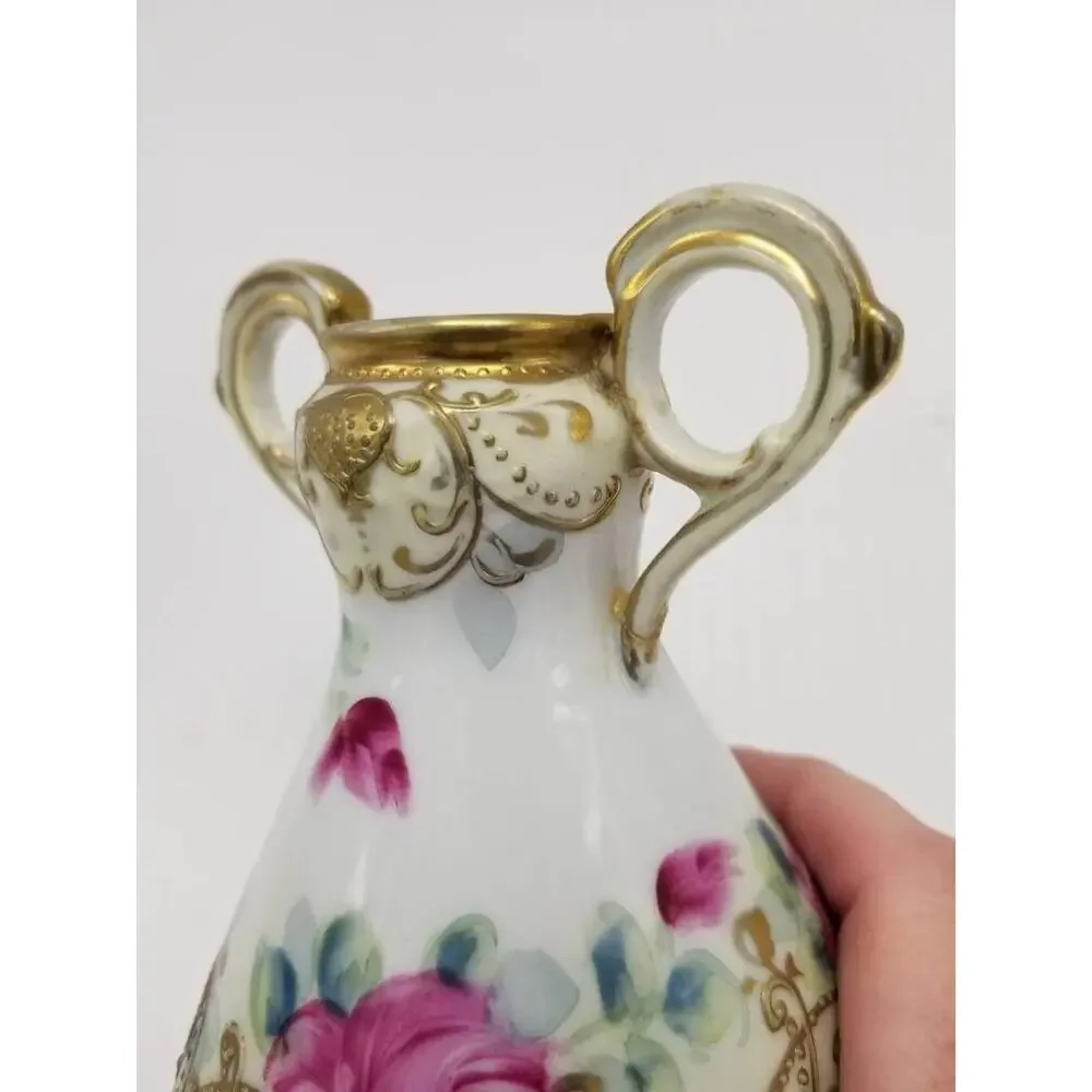 Antique Nippon Maple Leaf Vase Pink Roses Moriage Gold Double Handle (Repaired)